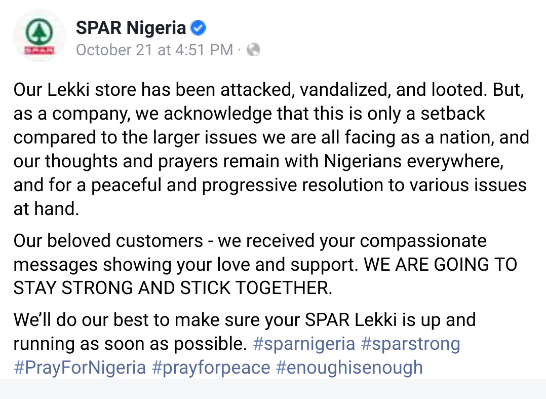 SPAR Nigeria Supermarket Looting Message